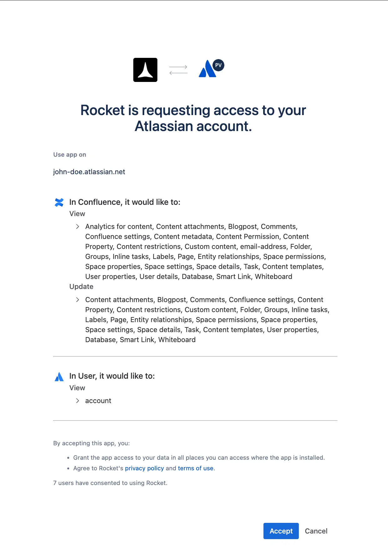 Atlassian OAuth authorization screen showing Rocket requesting access to Confluence.