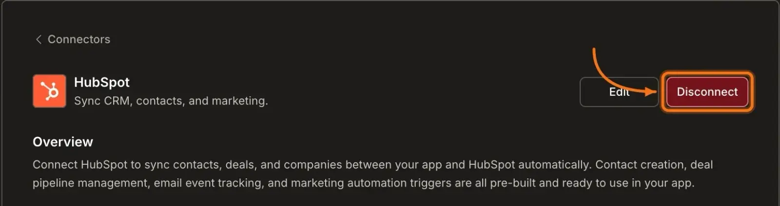 HubSpot integration showing connected state with a Disconnect button.