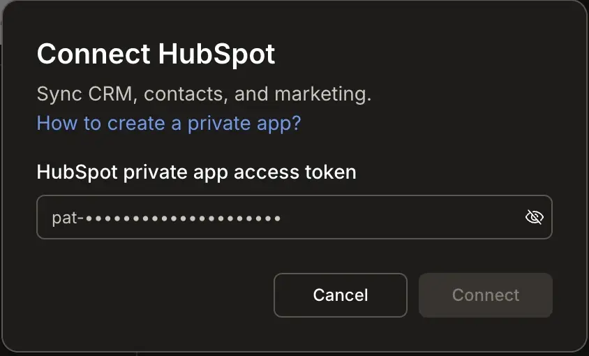 HubSpot access token input popup.