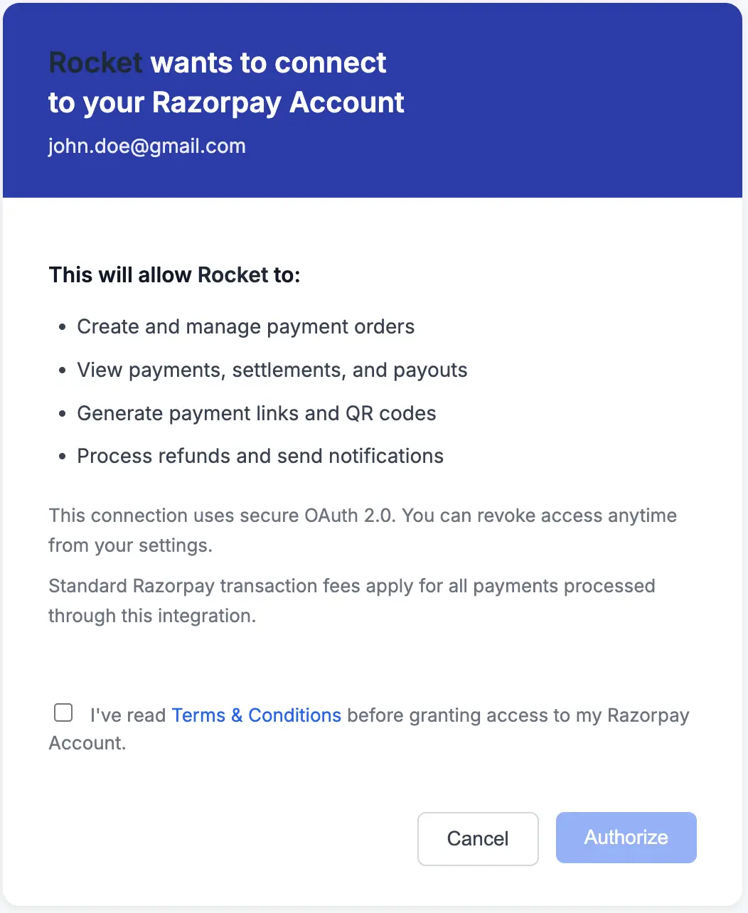 Razorpay OAuth authorization screen showing the permissions Rocket is requesting.