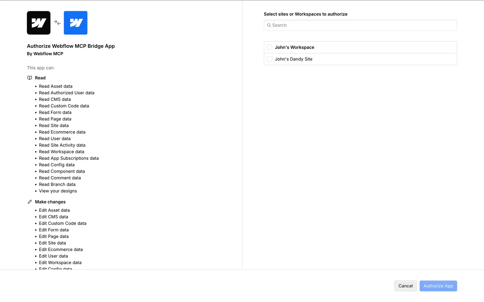 Webflow MCP Bridge App screen showing site and workspace selection.