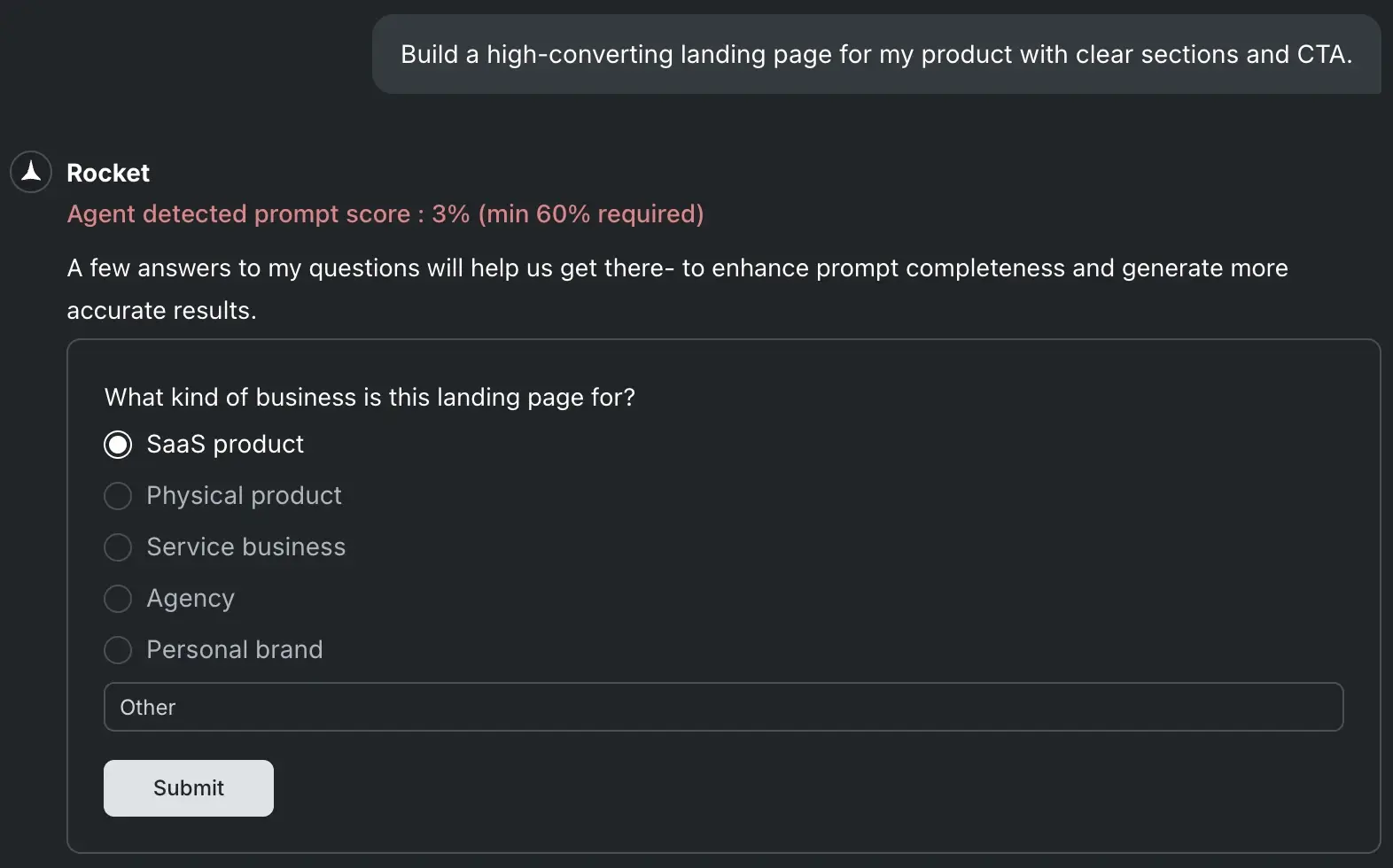 Prompt intelligence questions for a Build task