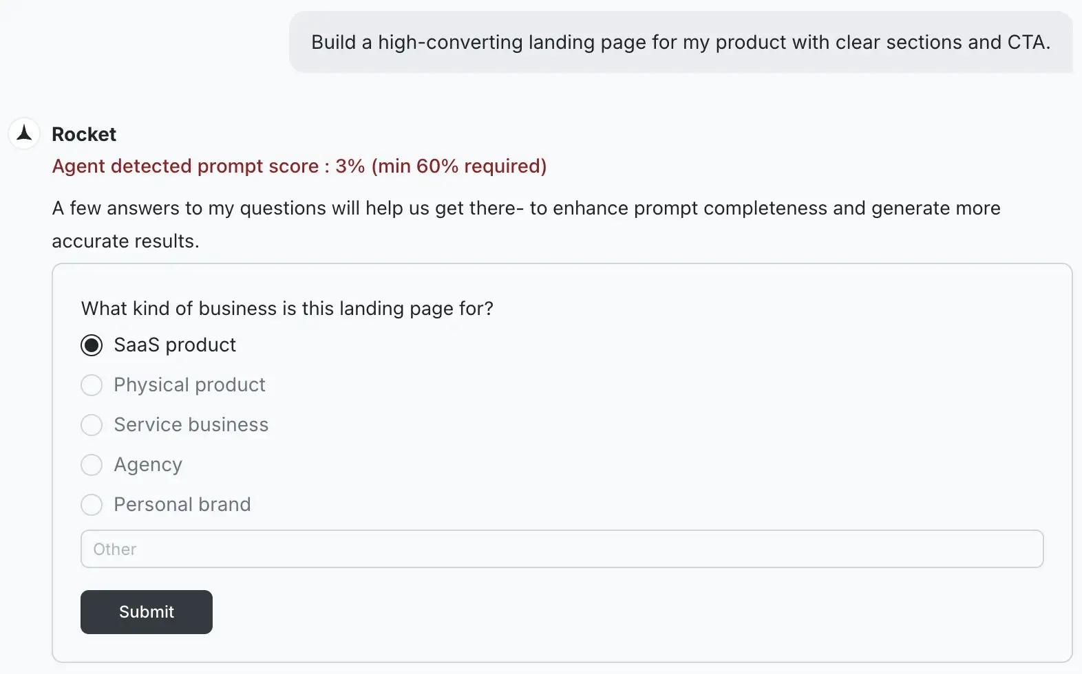 Prompt intelligence questions for a Build task